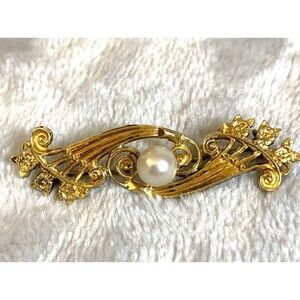 Vintage 12K GF Bar Brooch Faux Pearl Floral Scroll Mid Century Jewelry Pin